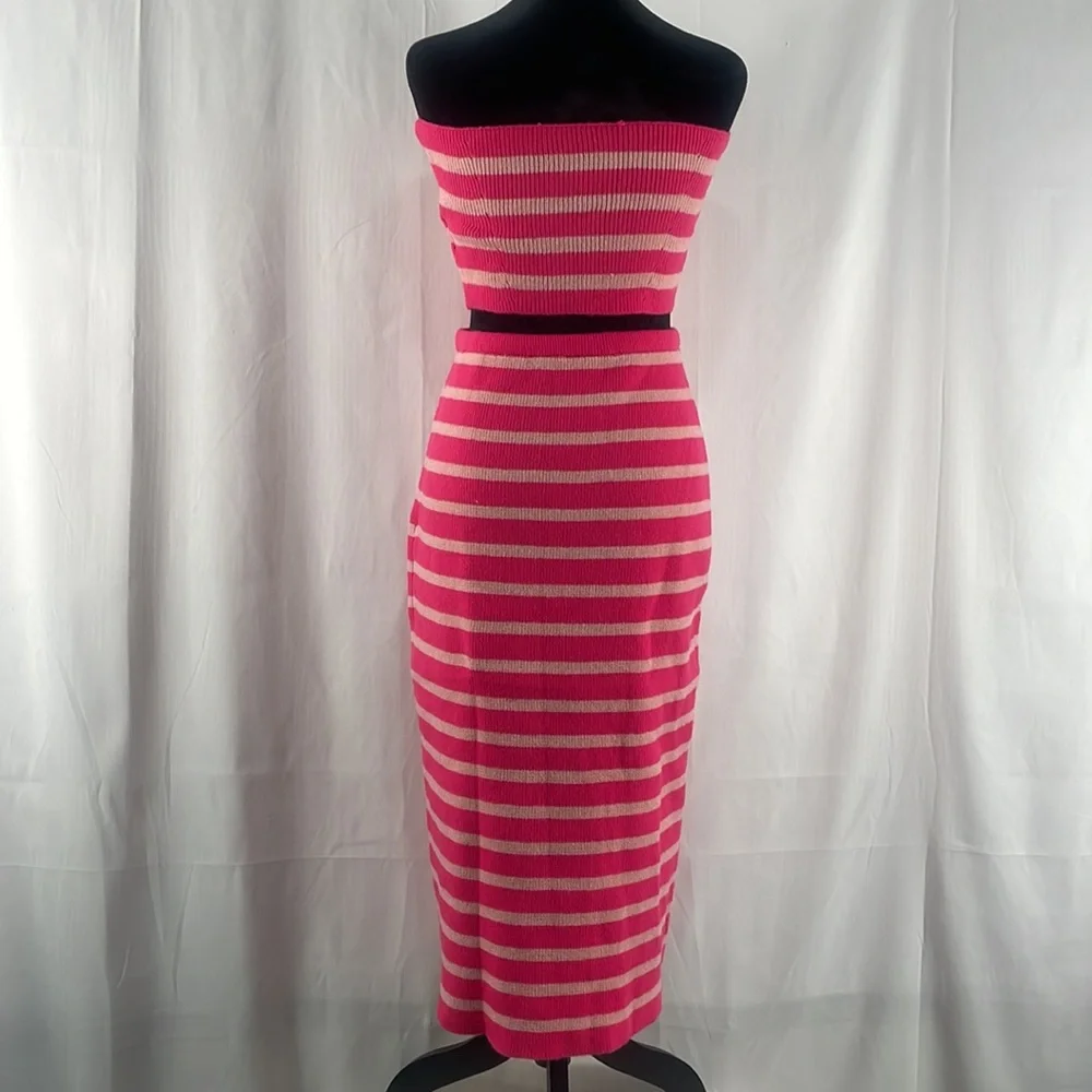 Strapless 2 piece sweater dress,skirt, tube top, Pink,white stripped, Large,New - Picture 7 of 8